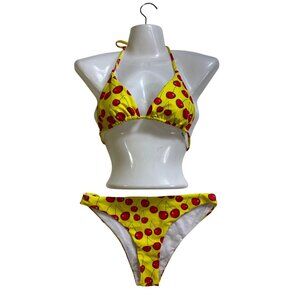 Yellow Red Cherry Print Triangle Bikini 3 Piece Set Large Swimwear 2 Bottoms Y2K